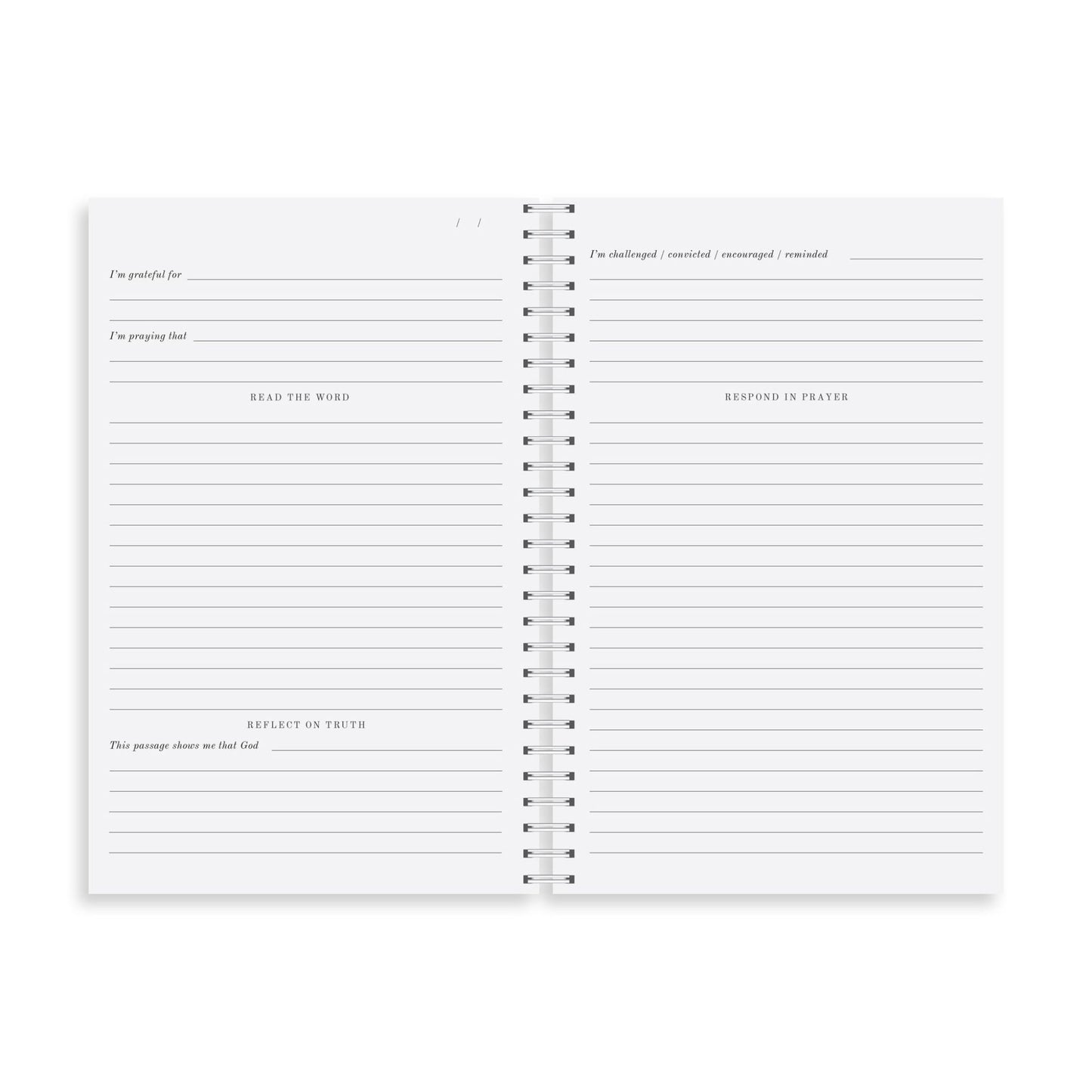 An organized layout inside the Bible Study Journal with sections for reflections, prayers, and study notes