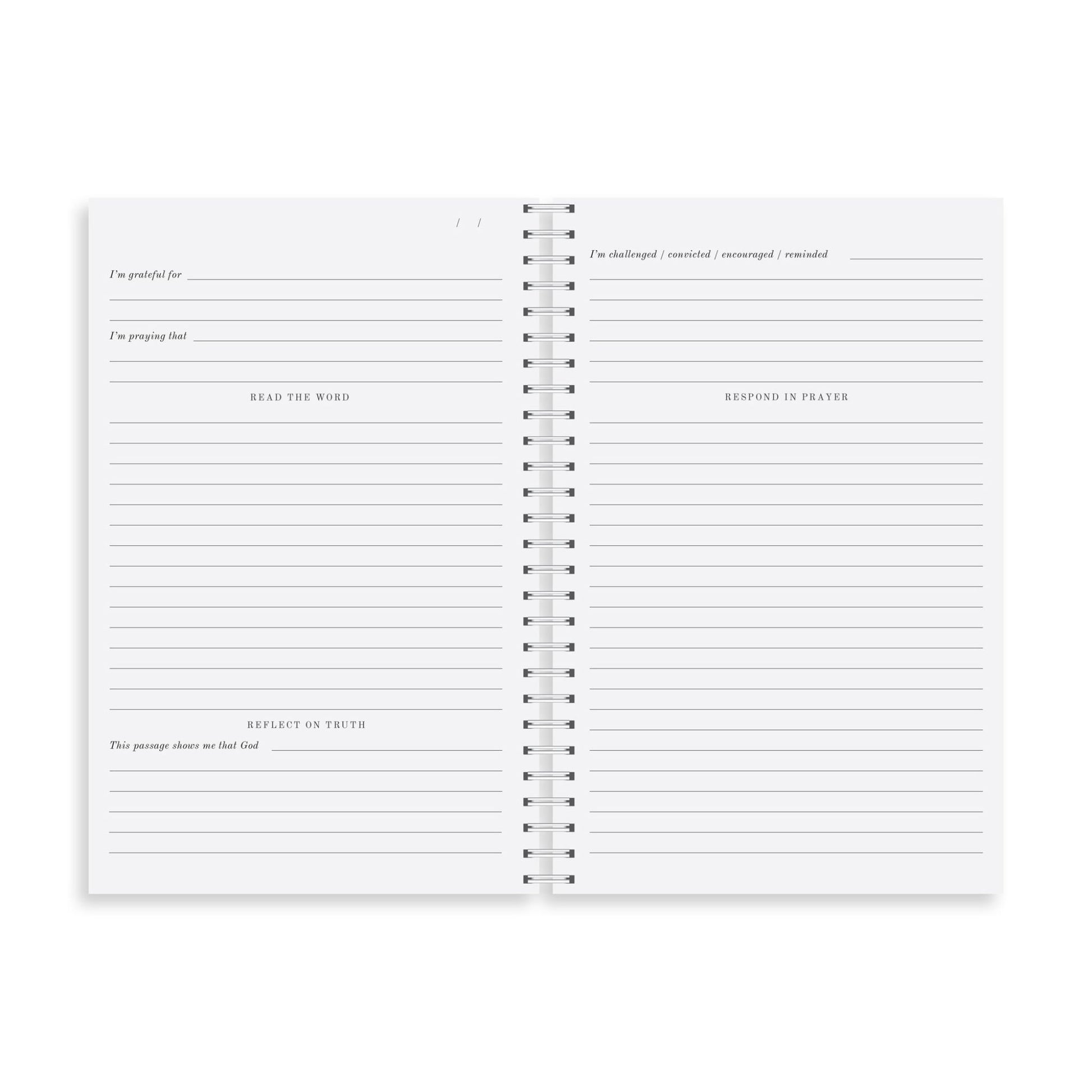 An organized layout inside the Bible Study Journal with sections for reflections, prayers, and study notes