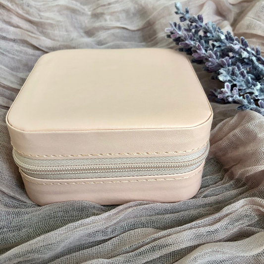 Mauve Compact PU leather jewelry organizer with dimensions 3.75" x 3.75" x 1.75".