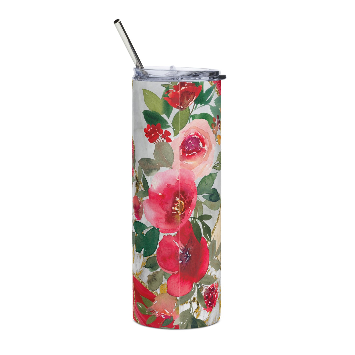 back view - Stainless steel tumbler with included lid and straw