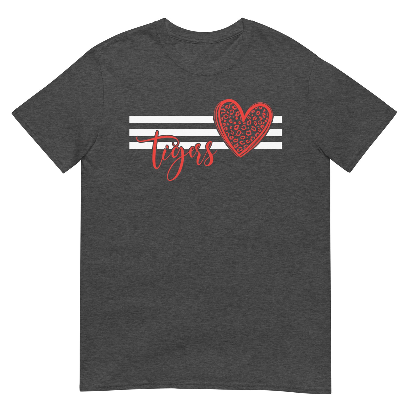 Grey t-shirt with a red heart leopard print and "Tigers" in red script font, white stripes design.