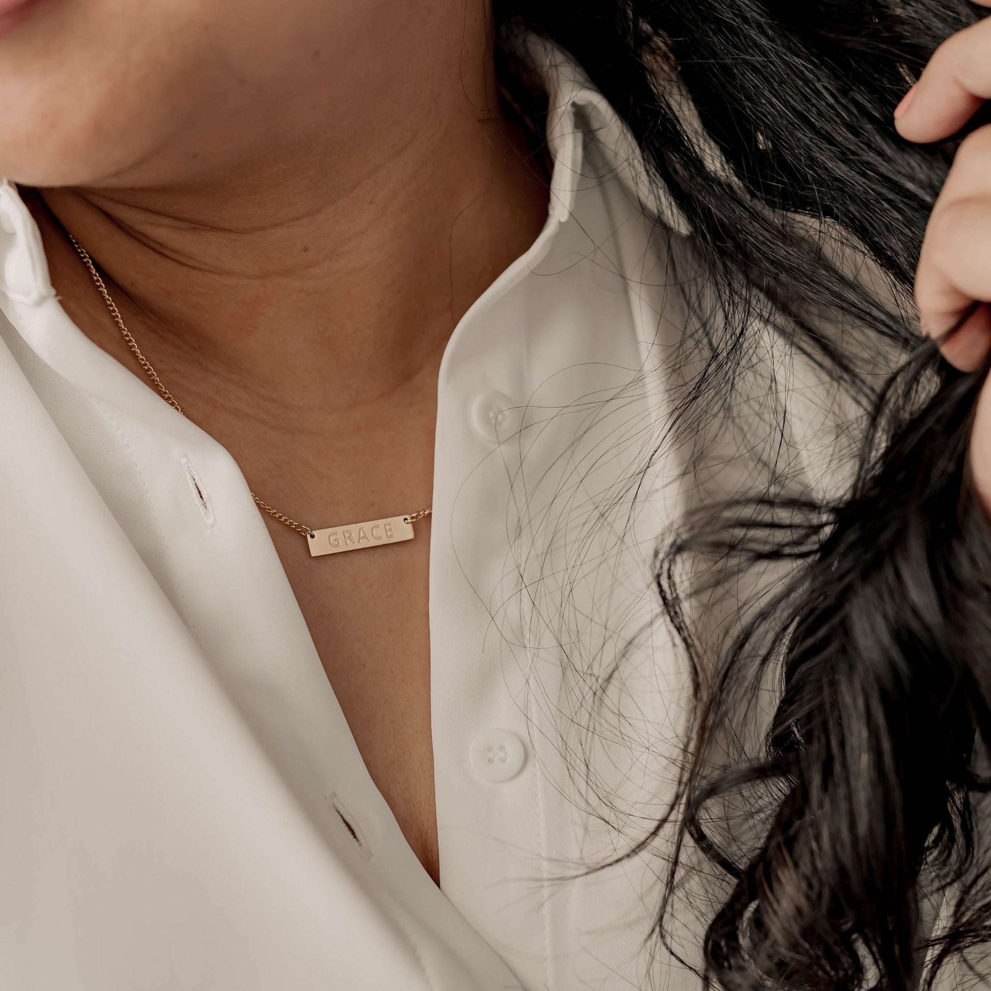 Minimalist Gold Bar Charm with Engraved 'Grace'