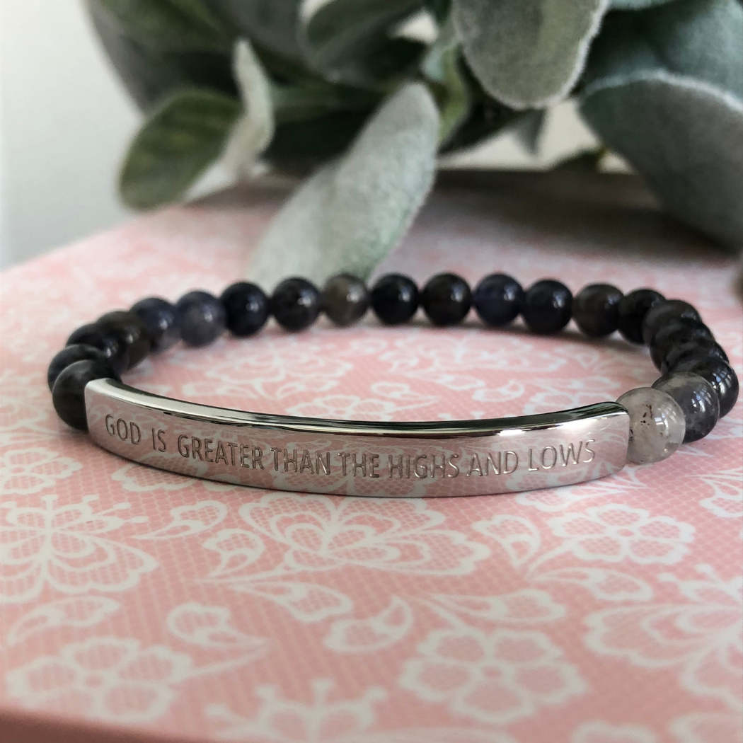 Faith-based gemstone bracelet with empowering inscription
