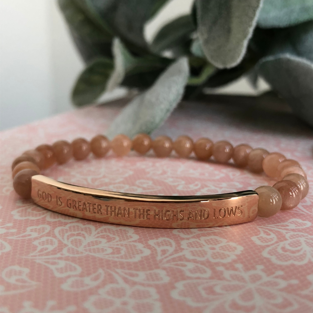 Inspirational gemstone bead bracelet with engraved message