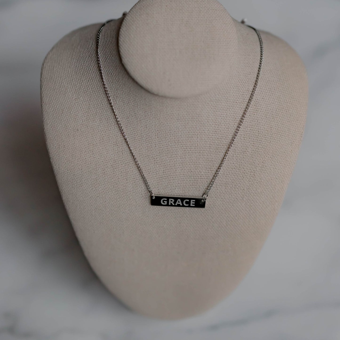 Grace-Embossed Bar Pendant Necklace in Silver