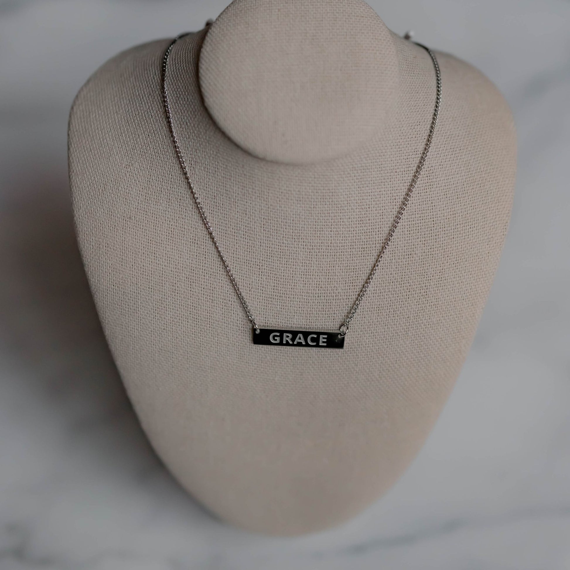 Grace-Embossed Bar Pendant Necklace in Silver