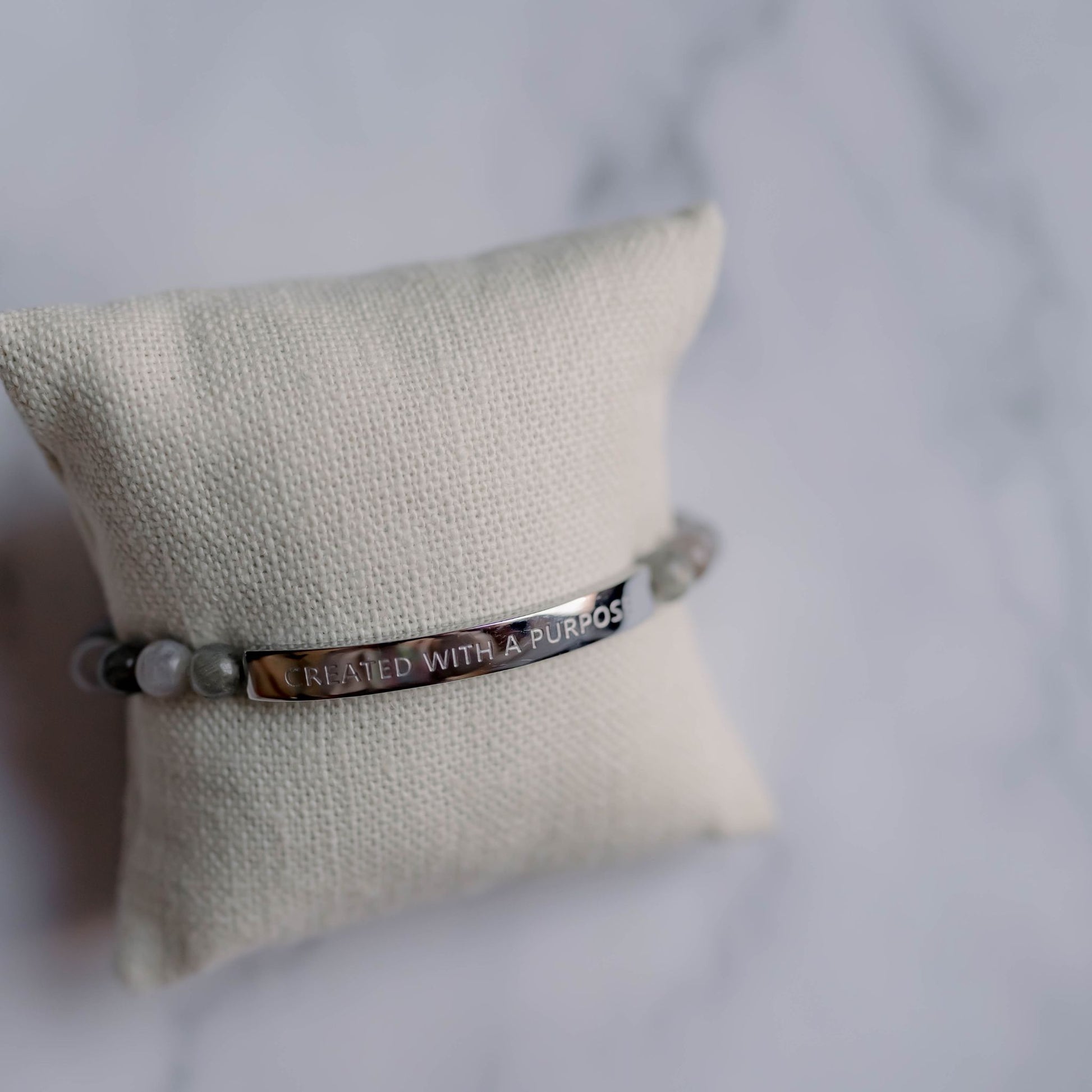 Close-up of 'Created With A Purpose' Gemstone Bead Bracelet