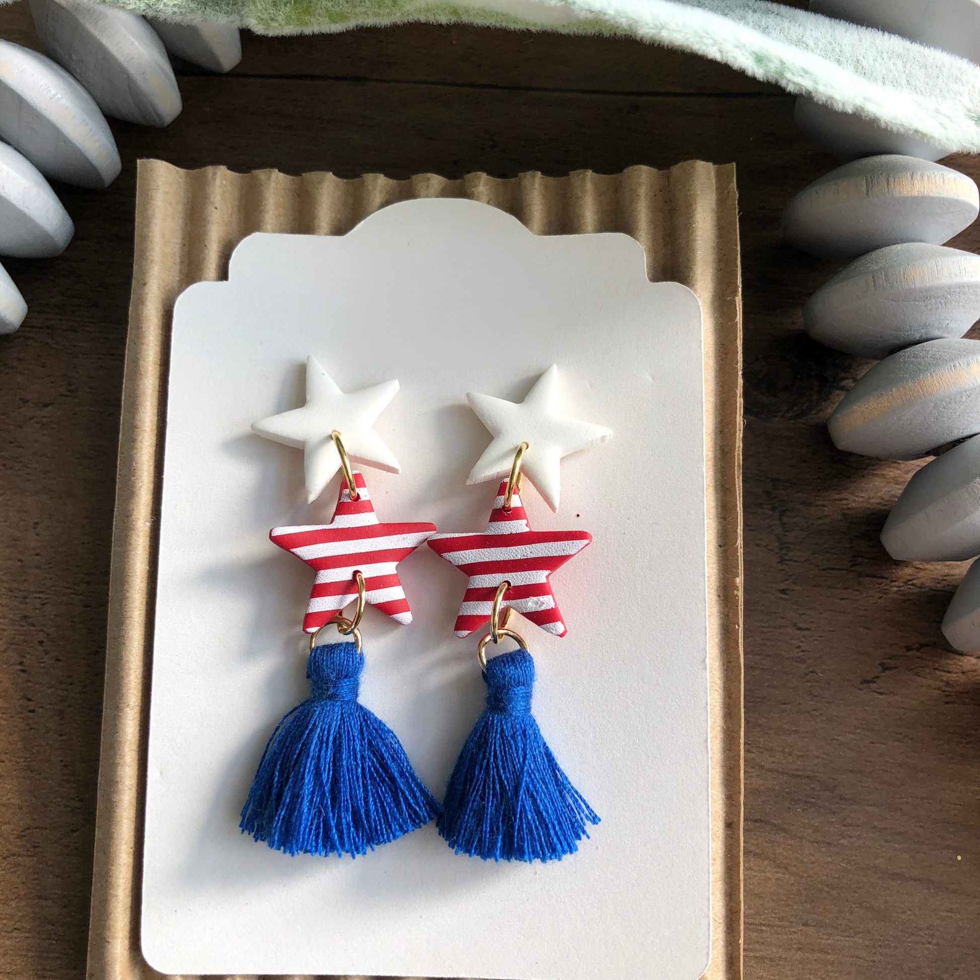 Patriotic Stars and Tassel Clay Earrings