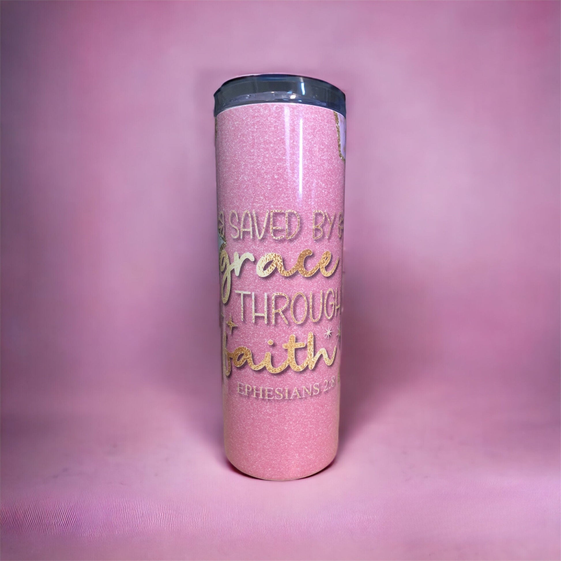 Elegant tumbler with 'Saved By Grace Through Faith' design