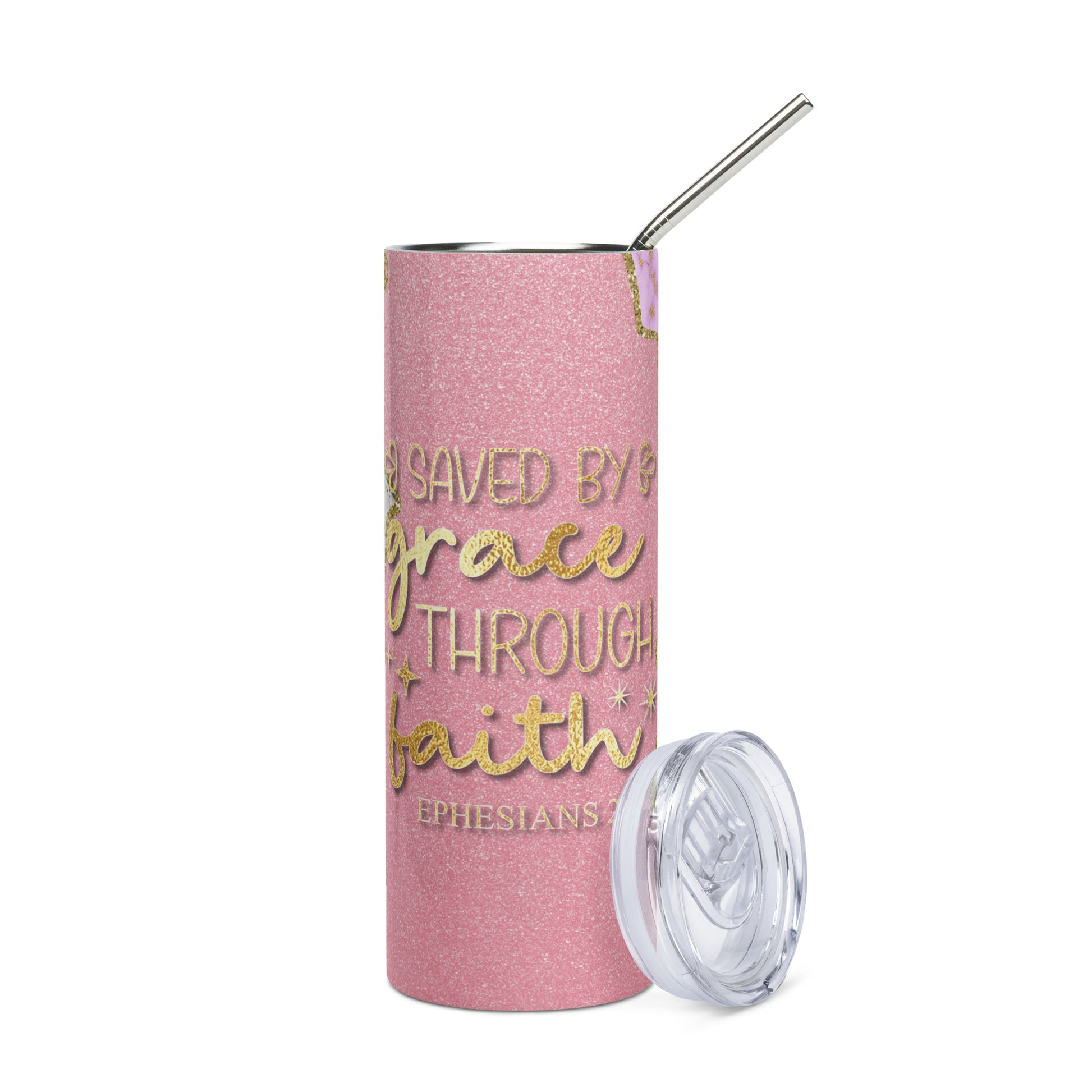 Inspirational stainless steel tumbler featuring 'Saved By Grace Through Faith