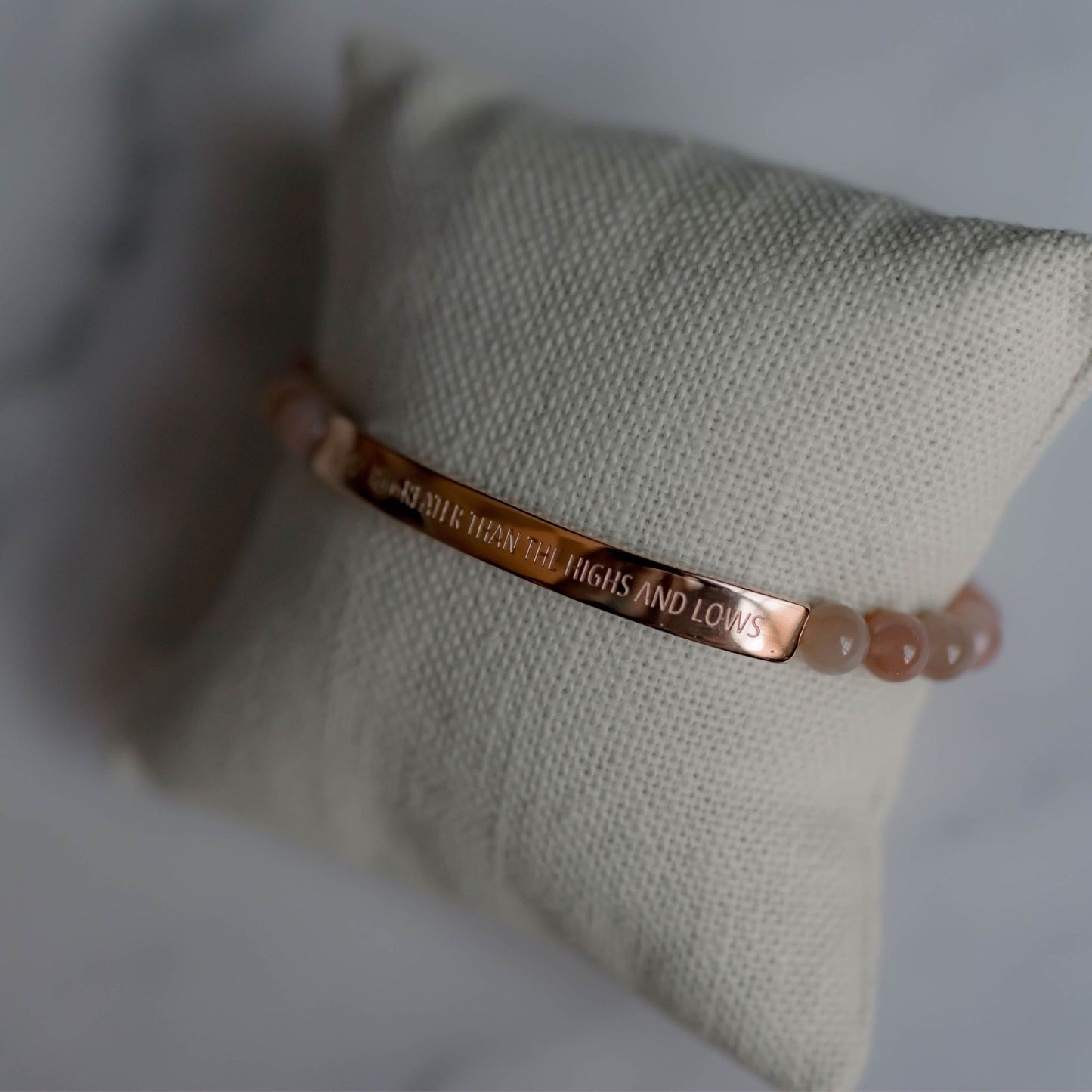Meaningful 'God Is Greater Than The Highs And Lows' Bracelet with rose gold bar