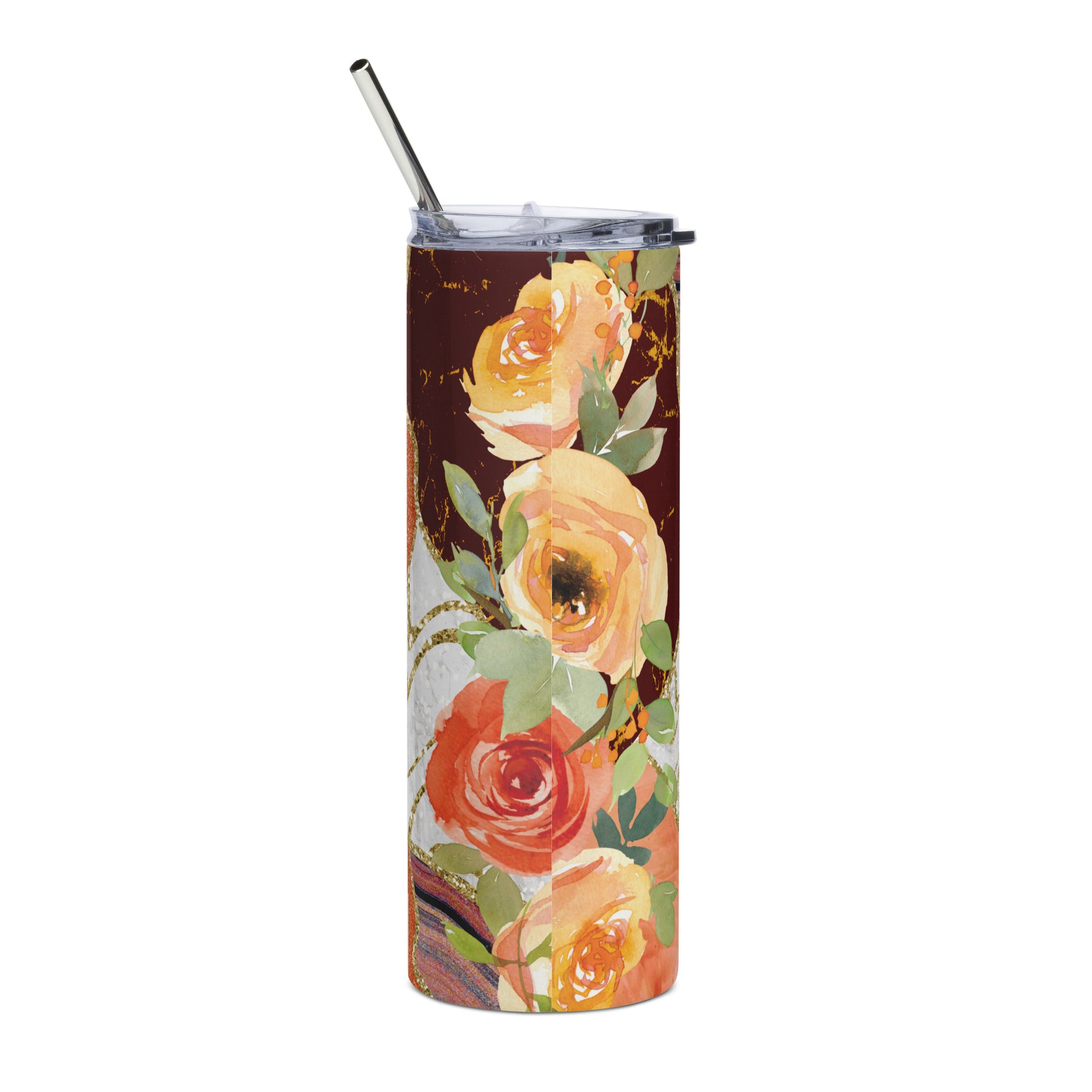 The back of the tumbler showcases a high-quality stainless steel surface, ensuring durability and a sleek aesthetic, perfect for showcasing the uplifting message.