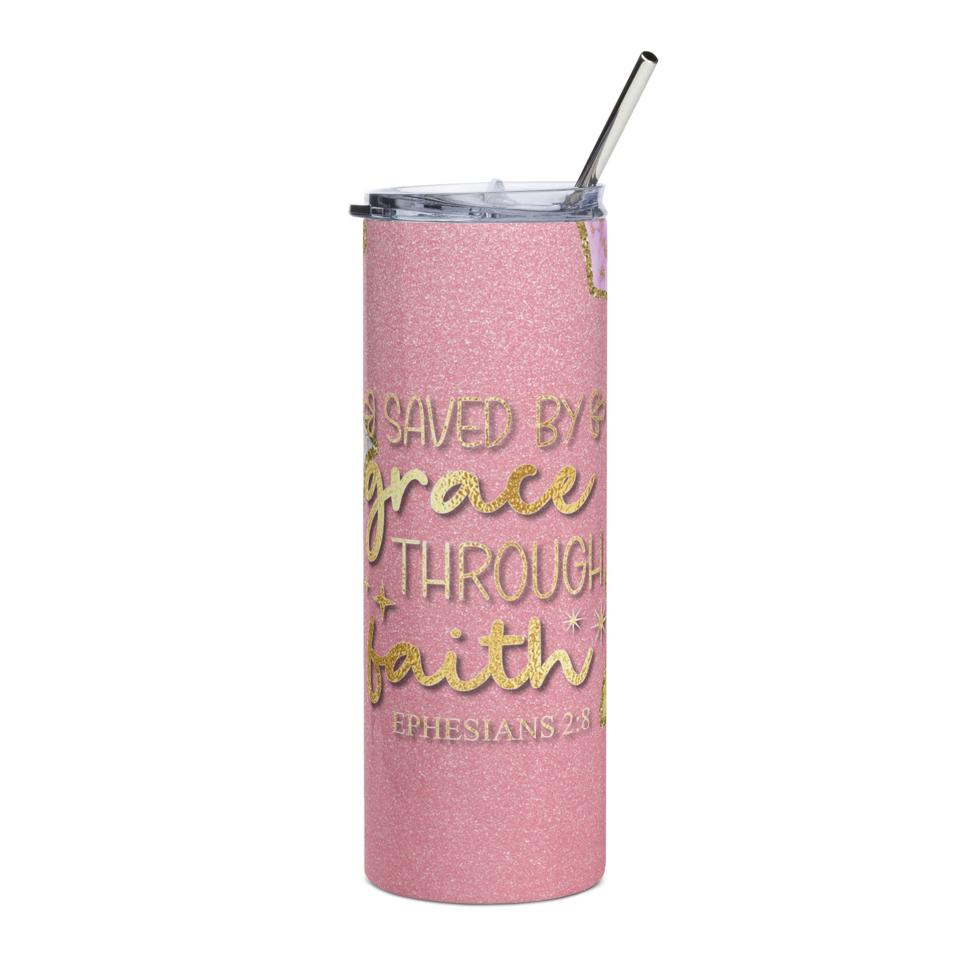 Stainless steel tumbler with 'Saved By Grace Through Faith' design