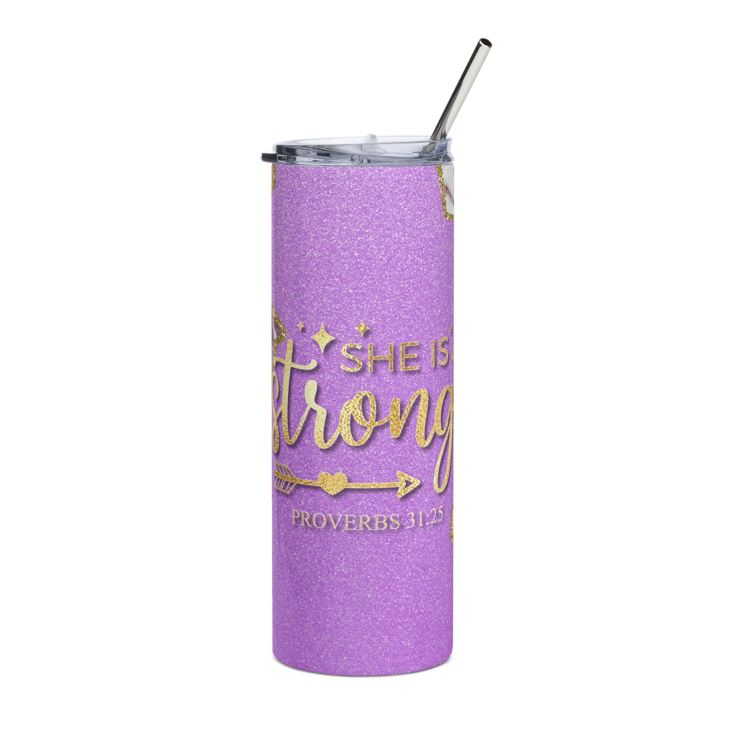 "She is Strong Tumbler" - A 20 oz empowering stainless steel tumbler celebrating strength with a motivational phrase.