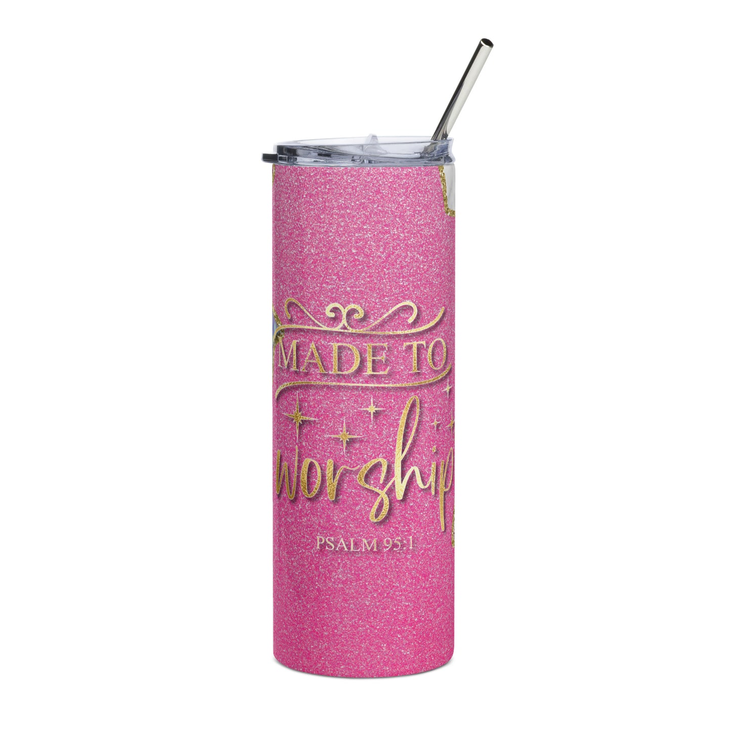 Elevate your spirit with this 20 oz stainless steel tumbler featuring a soul-stirring "Made To Worship" design on the front, accompanied by a matching lid and straw for a harmonious sipping experience.