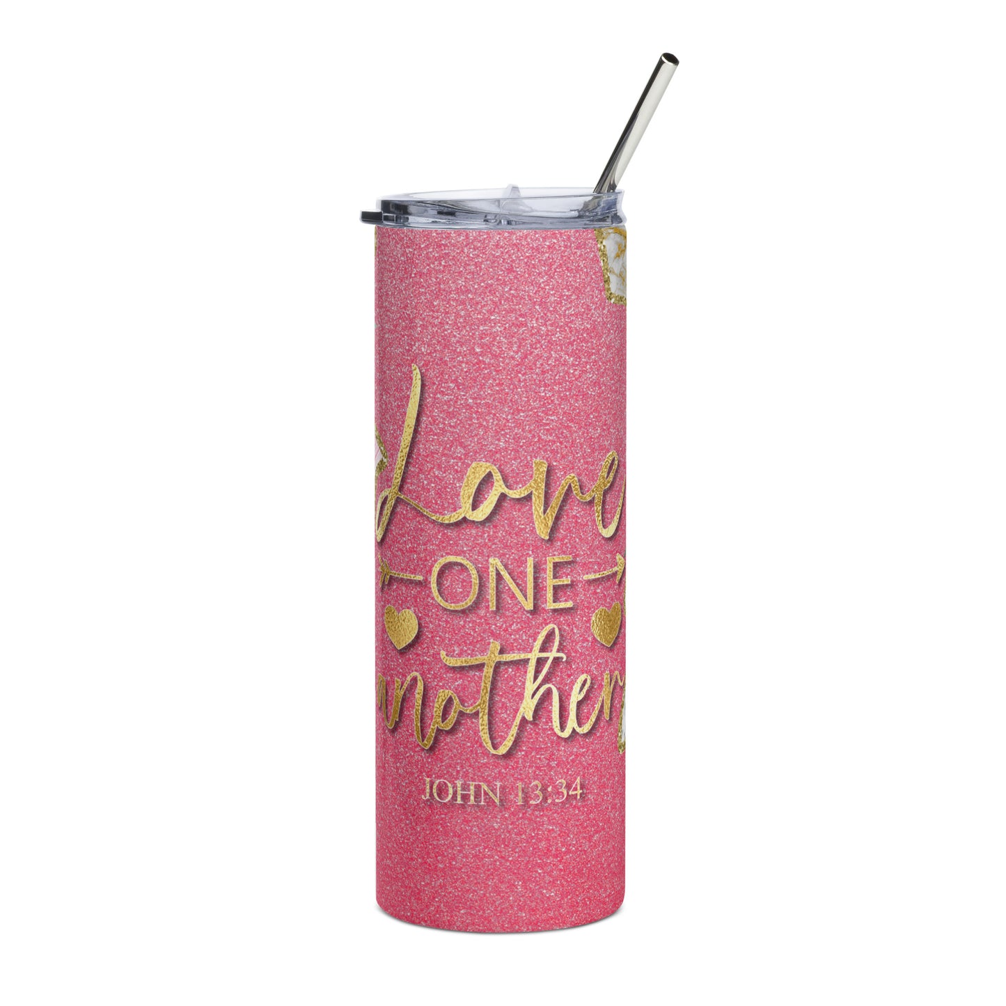 Spread a message of love with this 20 oz stainless steel tumbler featuring a heartwarming "Love One Another" design on the front, accompanied by a matching lid and straw for a delightful drinking experience.