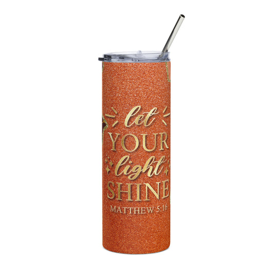 This 20 oz stainless steel tumbler features an inspiring "Let Your Light Shine" design on the front, encouraging positivity and radiance in every sip, accompanied by a convenient lid and straw.
