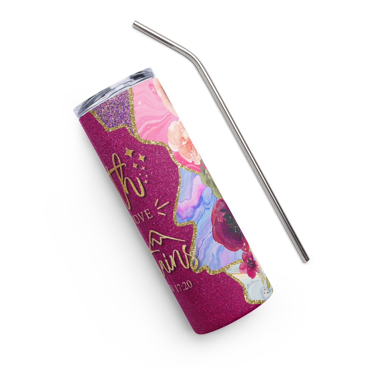 Matte finish 20oz stainless steel tumbler with empowering 'Faith Can Move Mountains' message