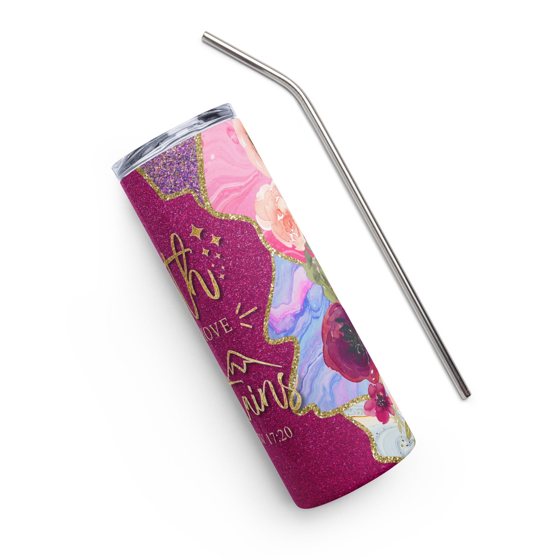 Matte finish 20oz stainless steel tumbler with empowering 'Faith Can Move Mountains' message