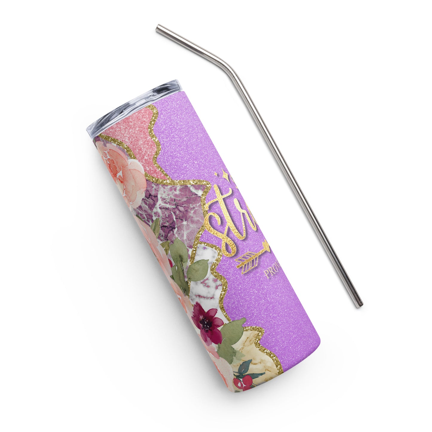 A stainless steel tumbler featuring an empowering quote, recognizing the unwavering strength of women.