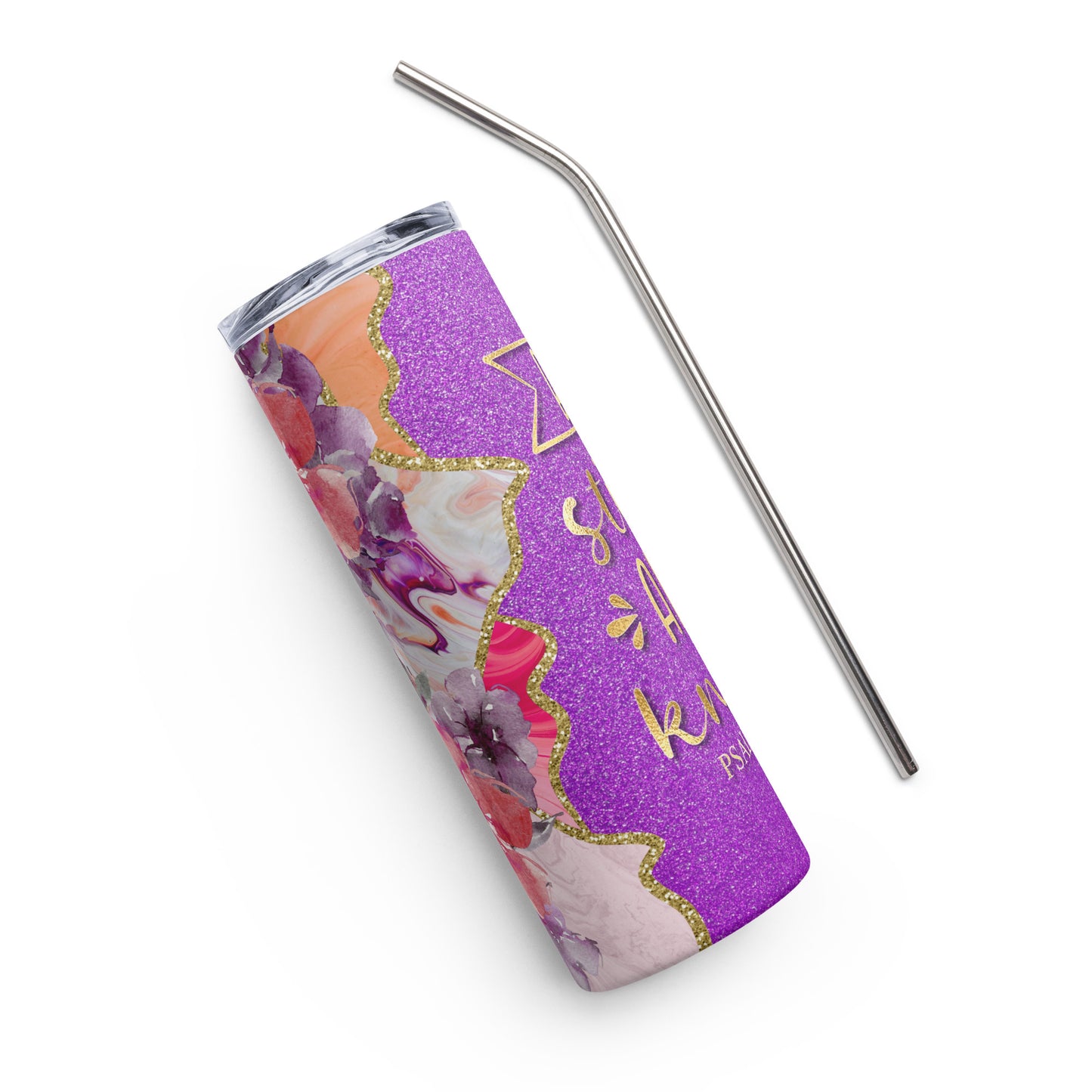 A side view of the tumbler, showcasing its smooth curves and sturdy construction, providing a comfortable grip while on the go.