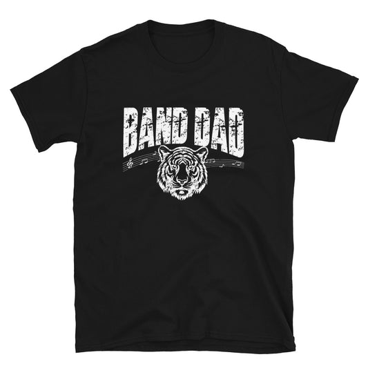 Black t-shirt with 'BAND DAD' text and tiger graphic on a white background