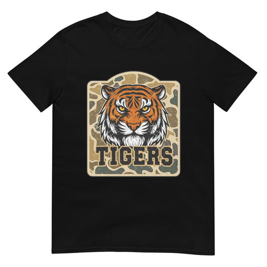 Black t-shirt with a tiger graphic and 'TIGERS' text on a white background