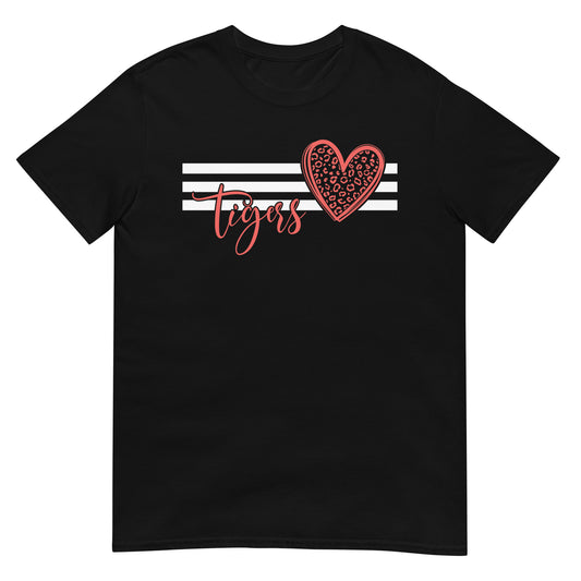 Black t-shirt with a red heart leopard print and "Tigers" in red script font, white stripes design.