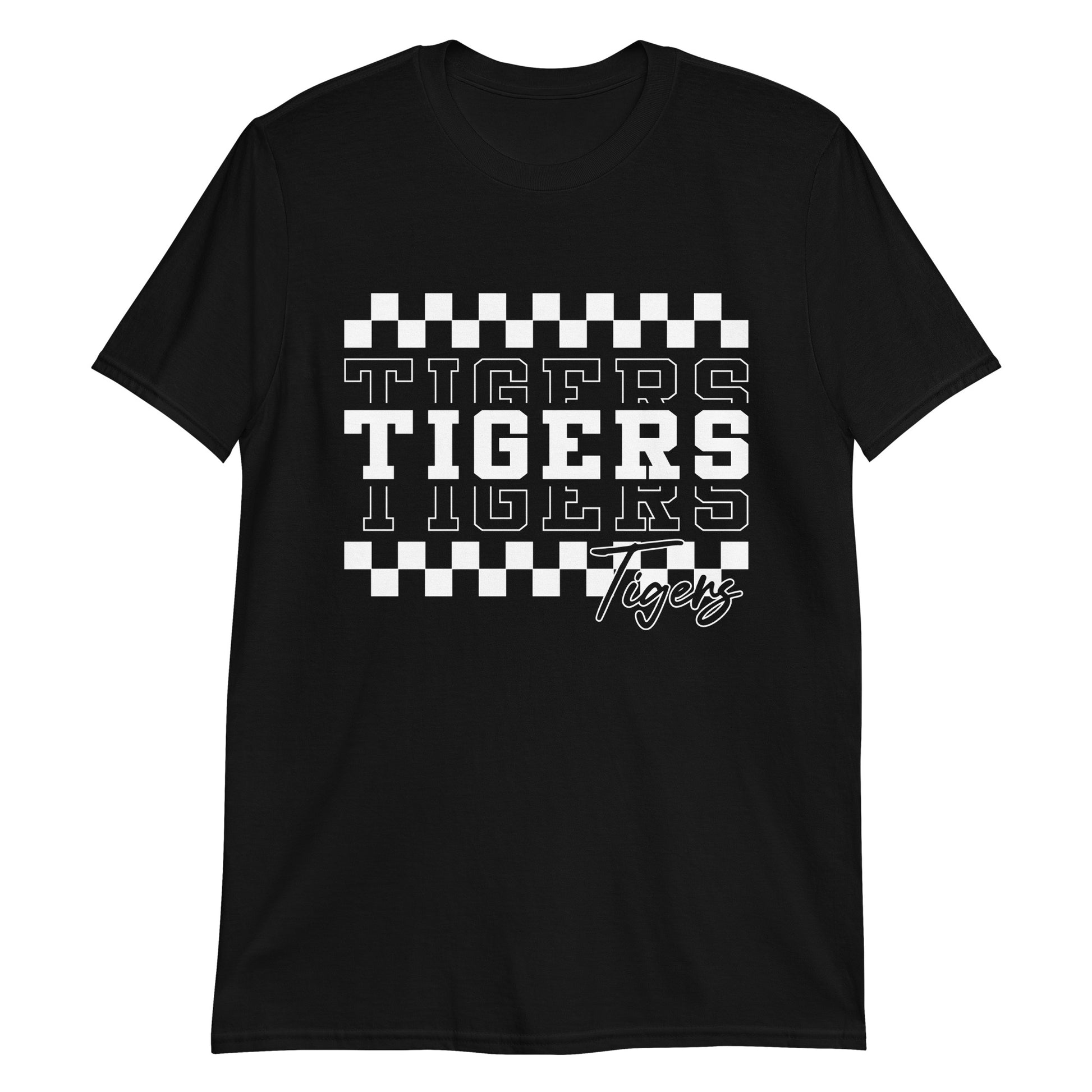 Black t-shirt with 'Tigers' text and checkered pattern on a white background