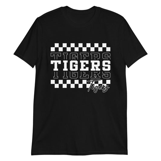 Black t-shirt with 'Tigers' text and checkered pattern on a white background