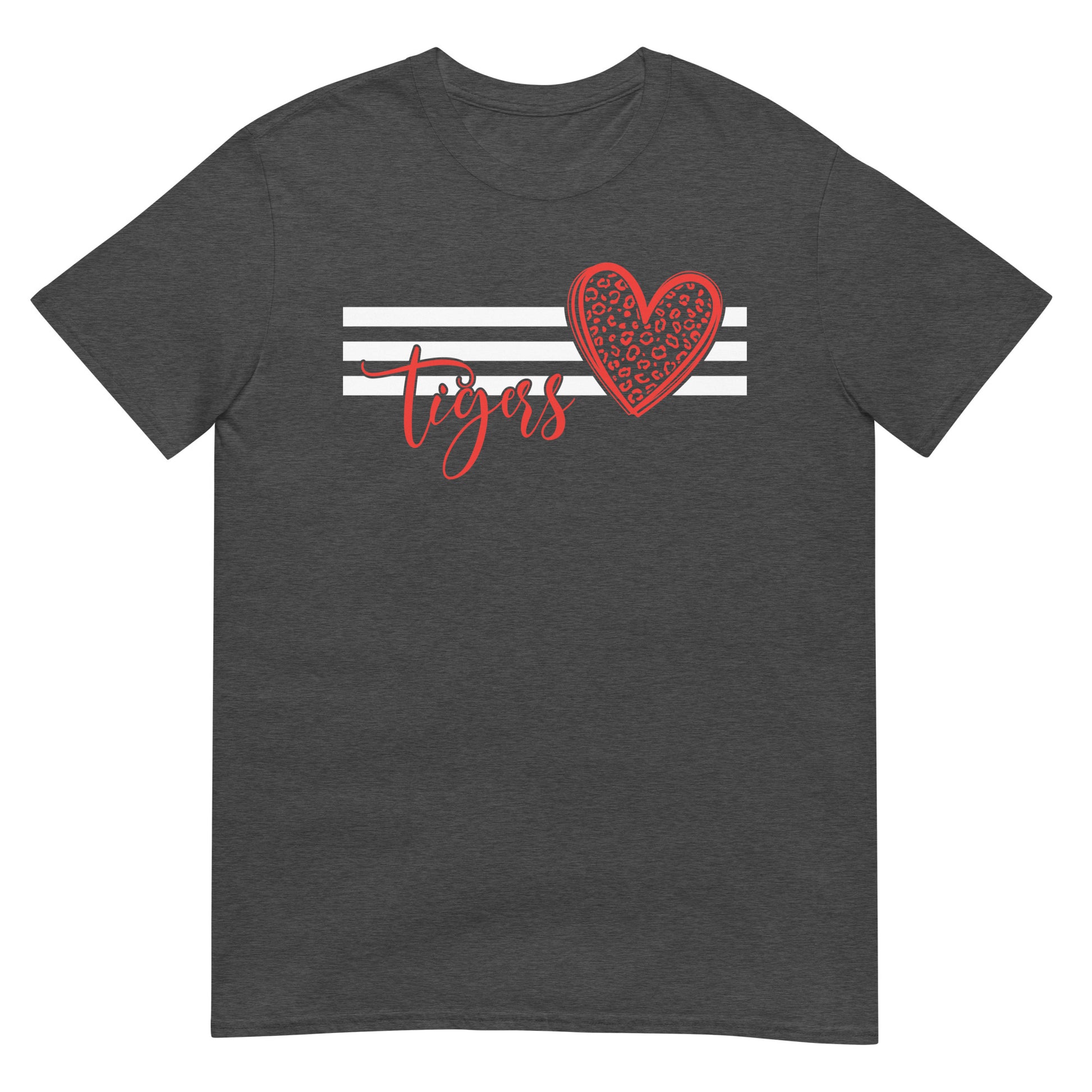 Grey t-shirt with a red heart leopard print and "Tigers" in red script font, white stripes design.