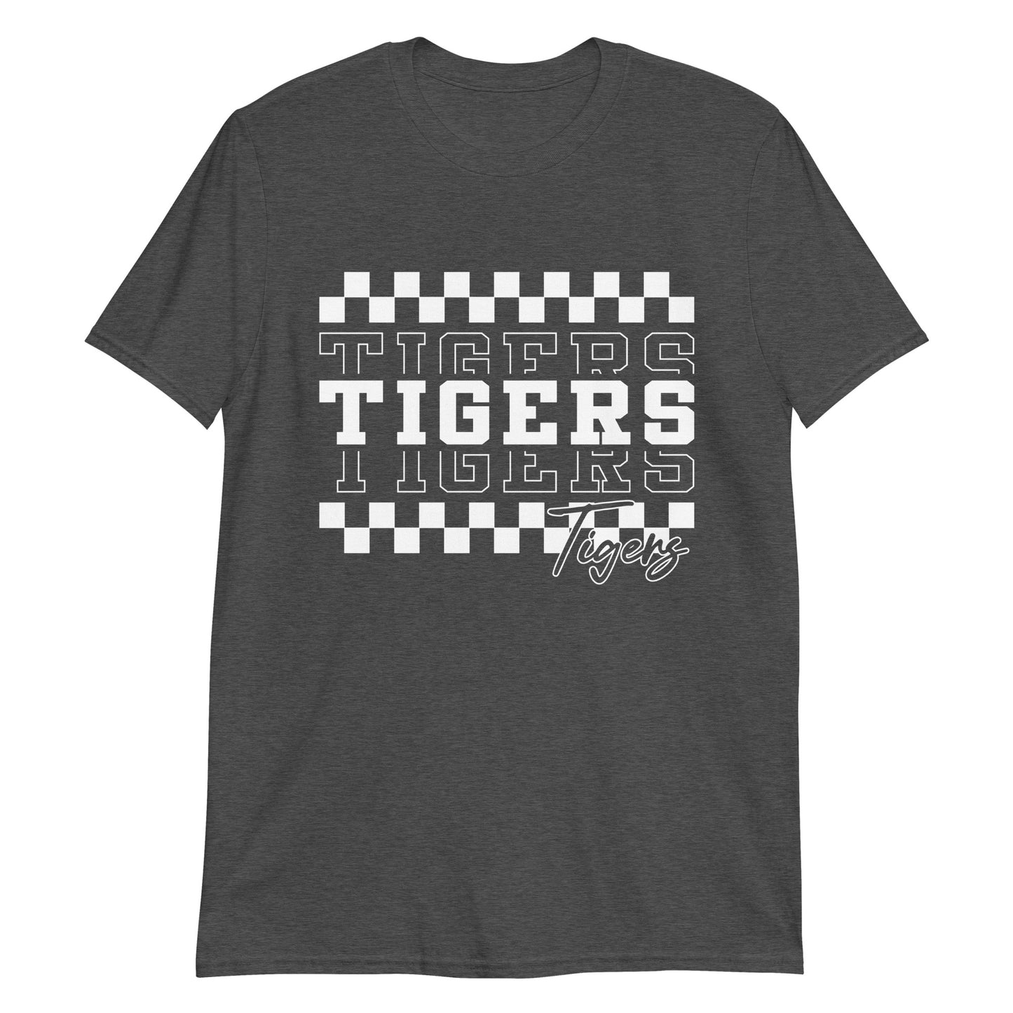 Dark gray t-shirt with 'Tigers' text design on a white background