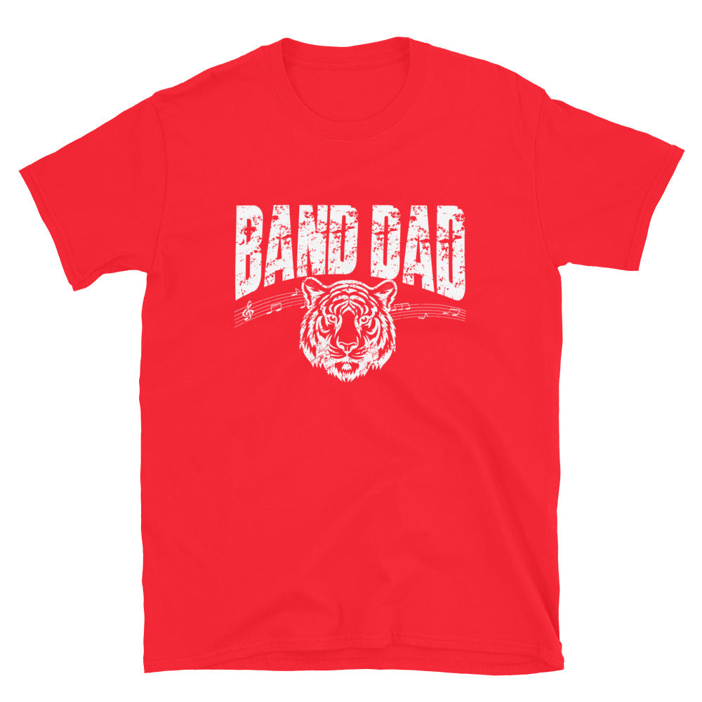 Red t-shirt with 'Band Dad' text and tiger graphic on a white background