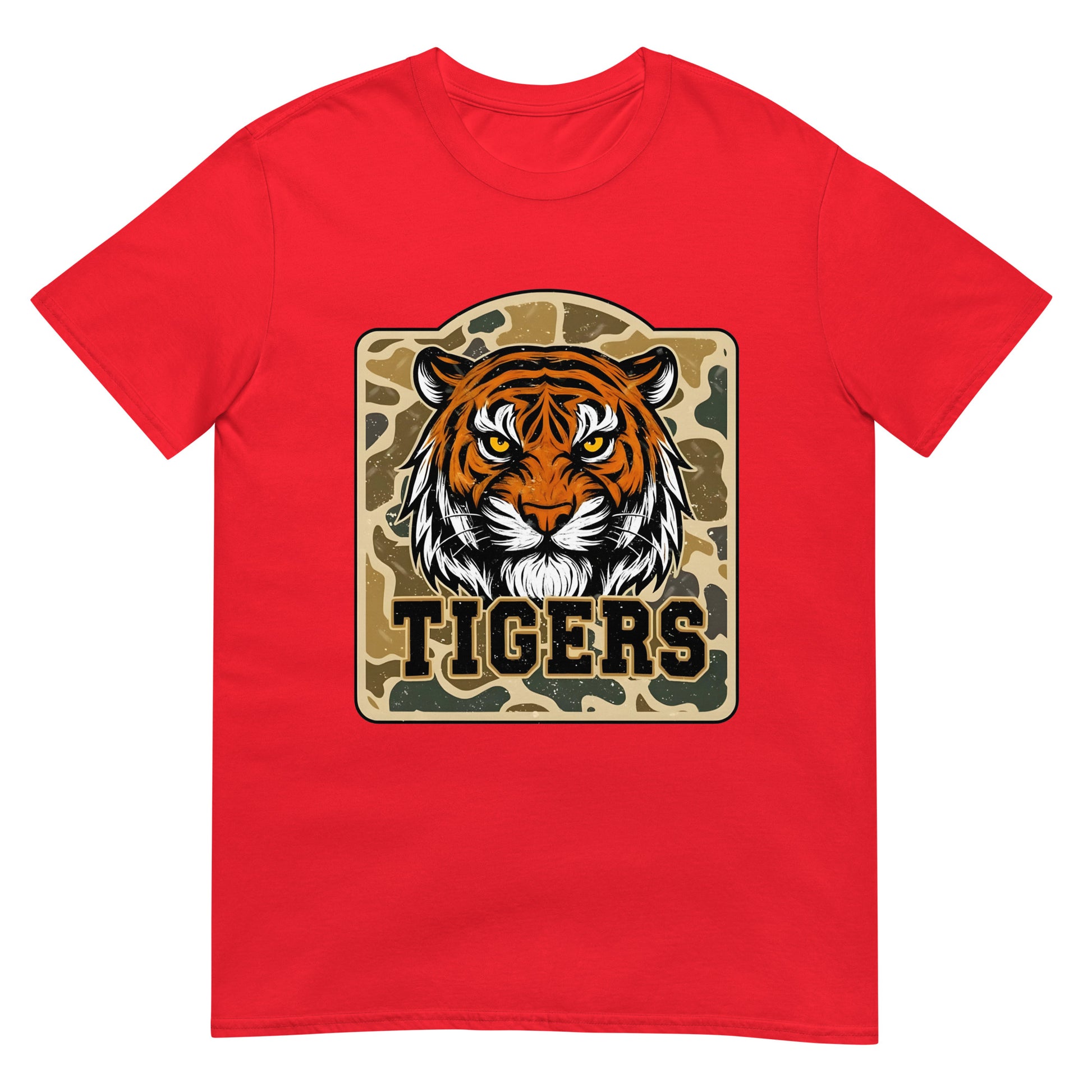 Red t-shirt with a tiger graphic and 'TIGERS' text on a white background