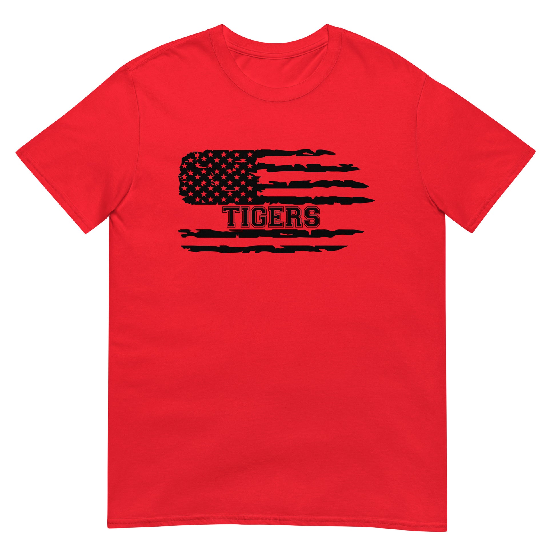 Red t-shirt with black American flag and 'TIGERS' text on a white background