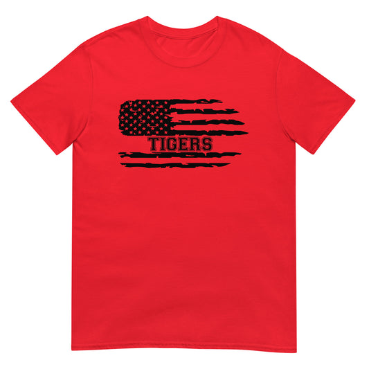 Red t-shirt with black American flag and 'TIGERS' text on a white background