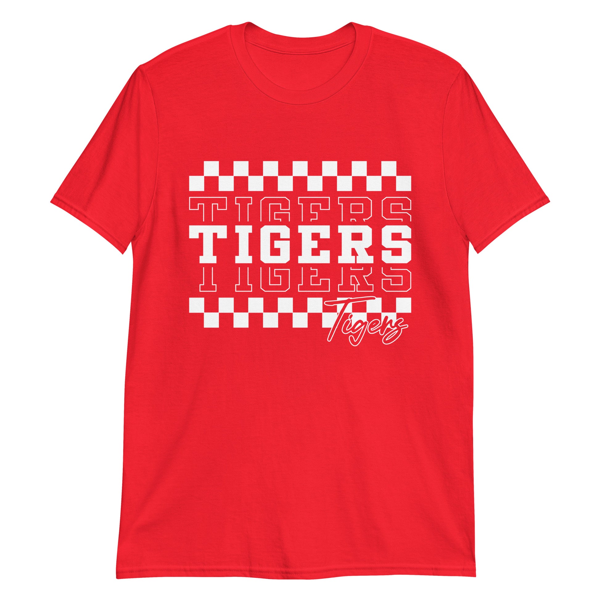 Red t-shirt with 'TIGERS' text and checkered pattern on a white background