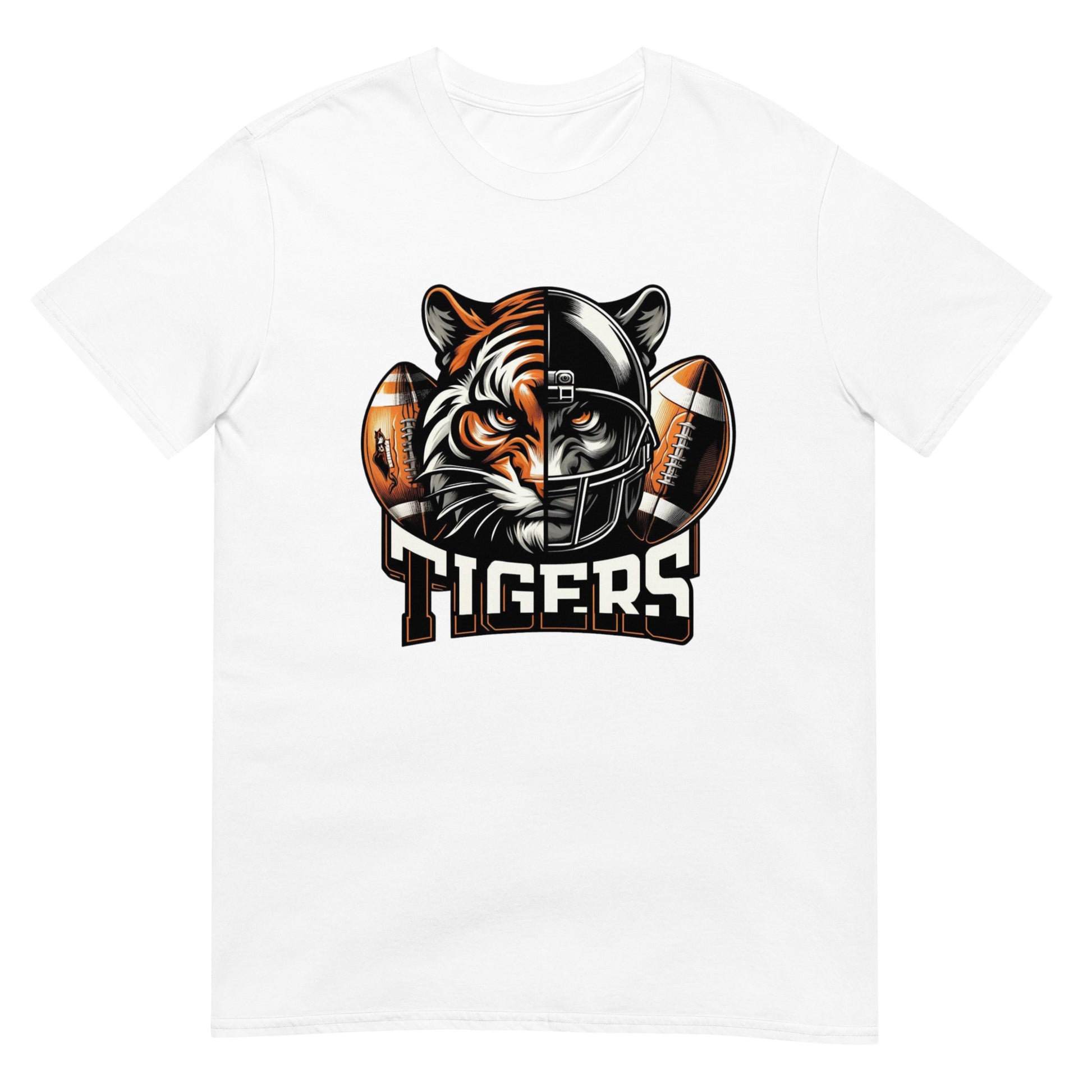 White t-shirt with a tiger wearing a football helmet and two footballs design on a white background