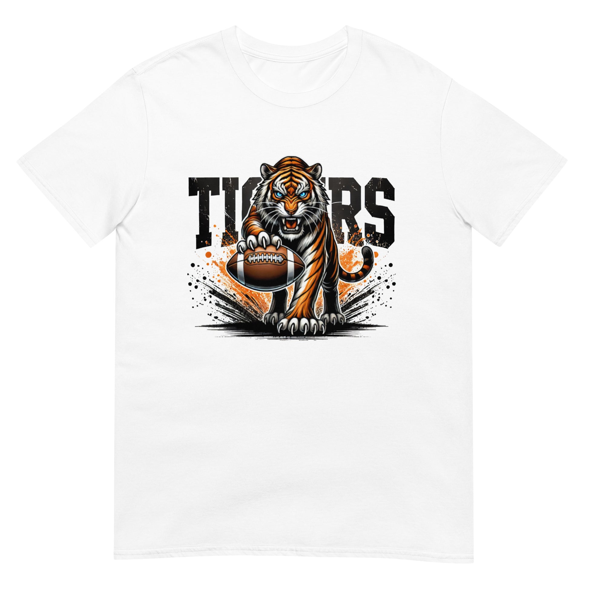 White t-shirt with a tiger graphic and 'TIGERS' text on a white background