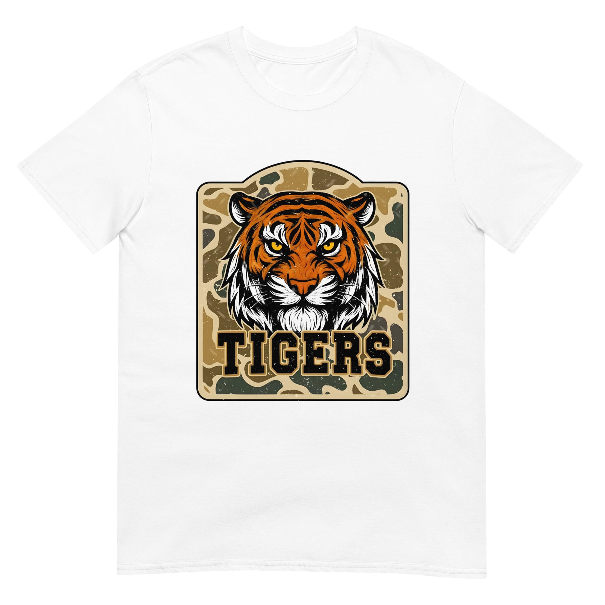 White t-shirt with a tiger graphic and 'TIGERS' text on a white background