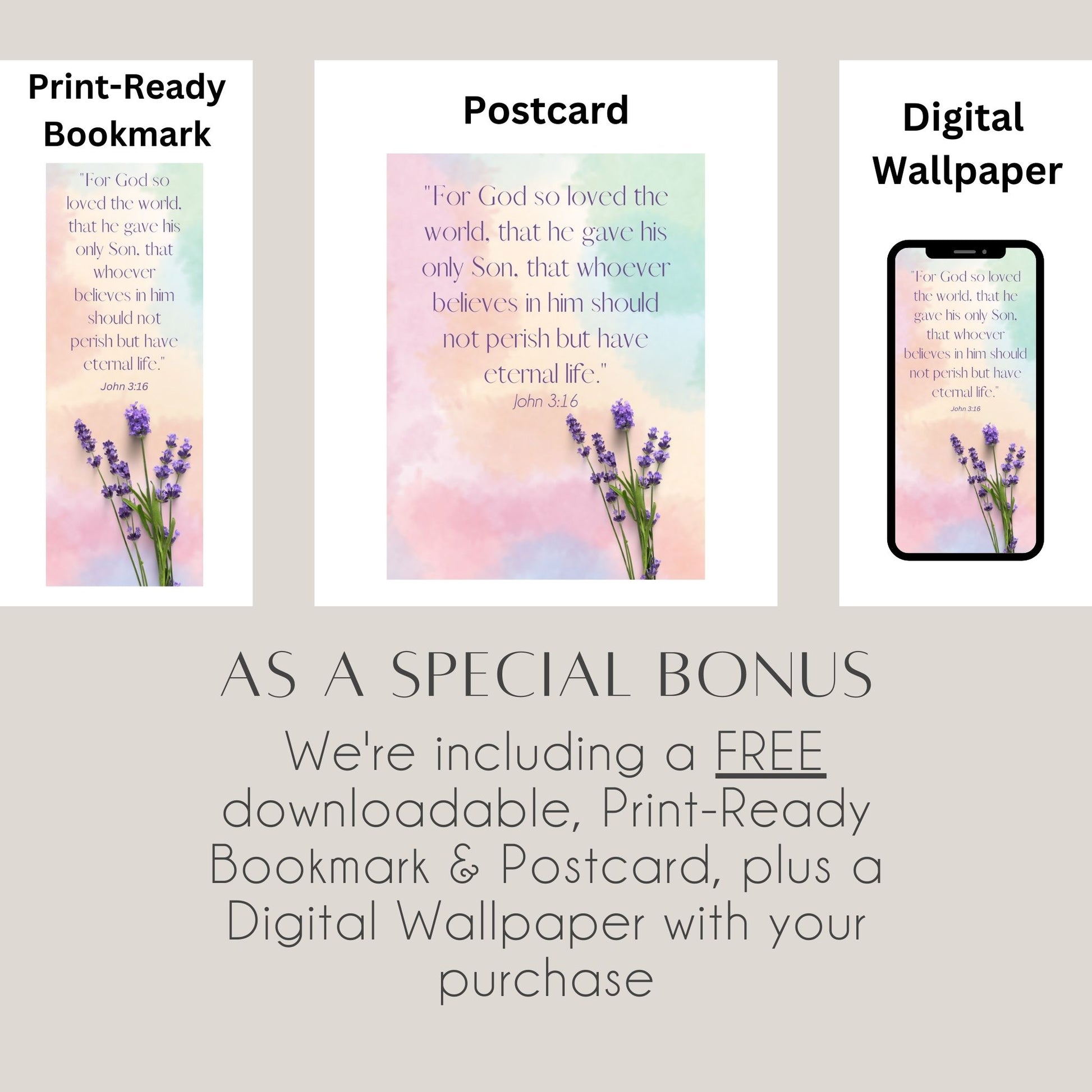 Enjoy a FREE Bonus with every purchase! Receive a set of print-ready, downloadable bookmark & postcard, and digital wallpaper in png format.