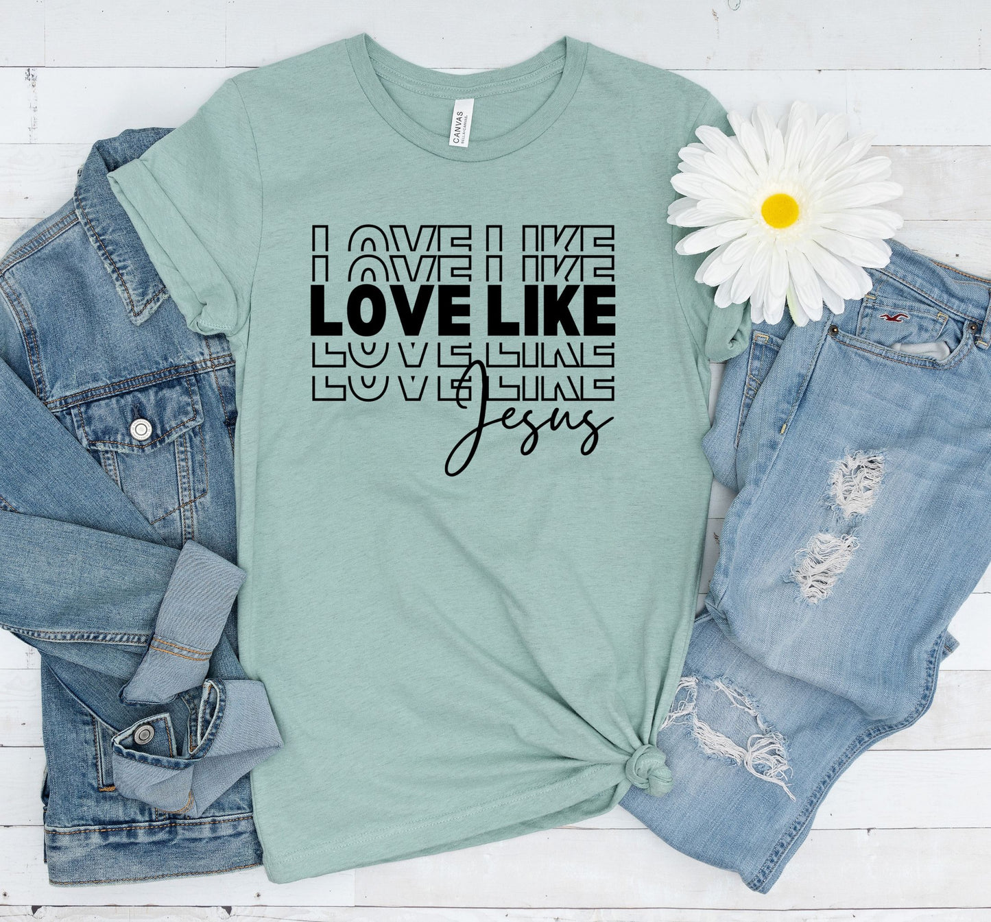 Bella Canvas 3001 t-shirt with "Love Like Jesus" design