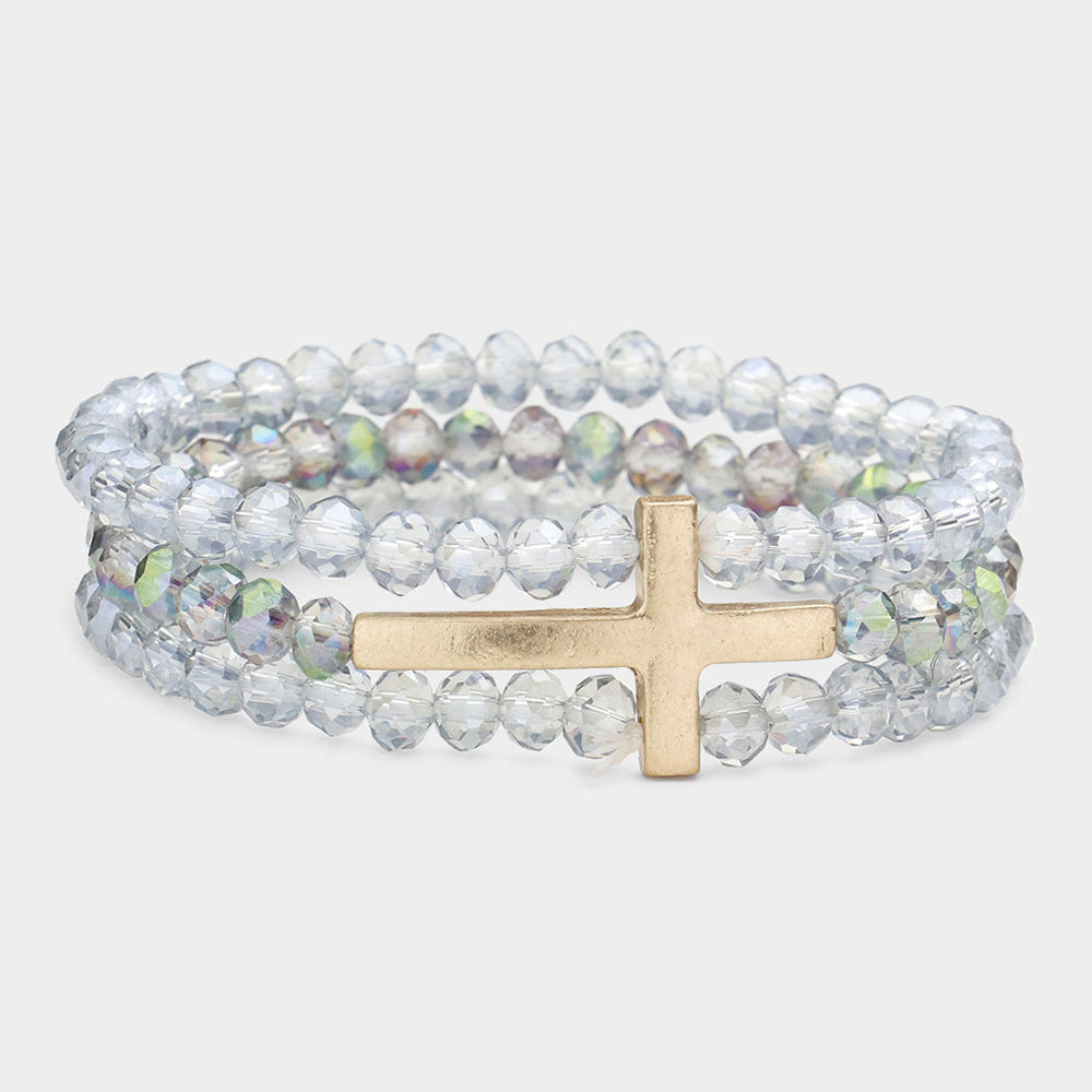 Charcoal beaded stretch bracelet with metal cross accent