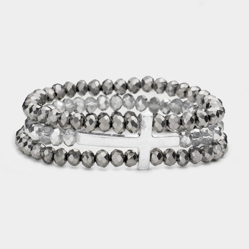 Hematite with metal cross embellished bracelet in a trendy beaded stretch design