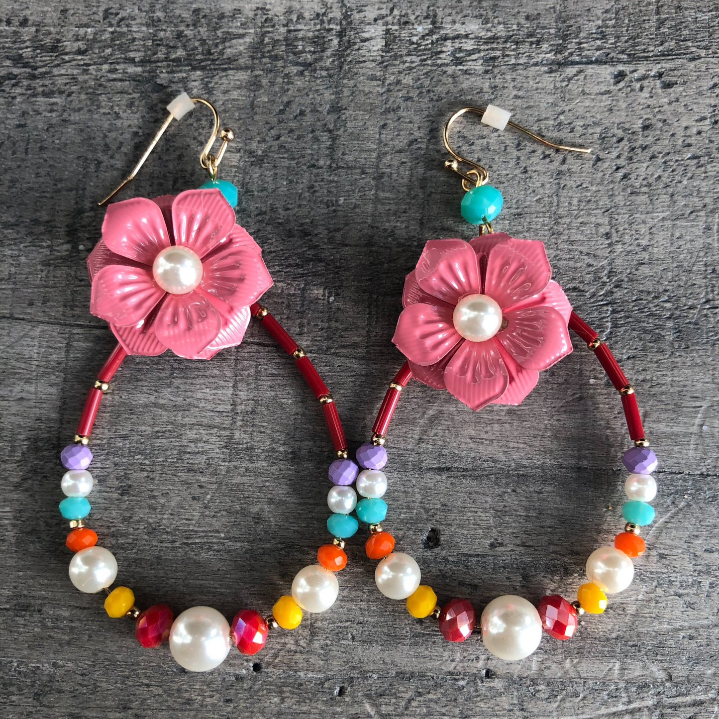 Multi Color Flower Teardrop Earrings with Pearl and Bead