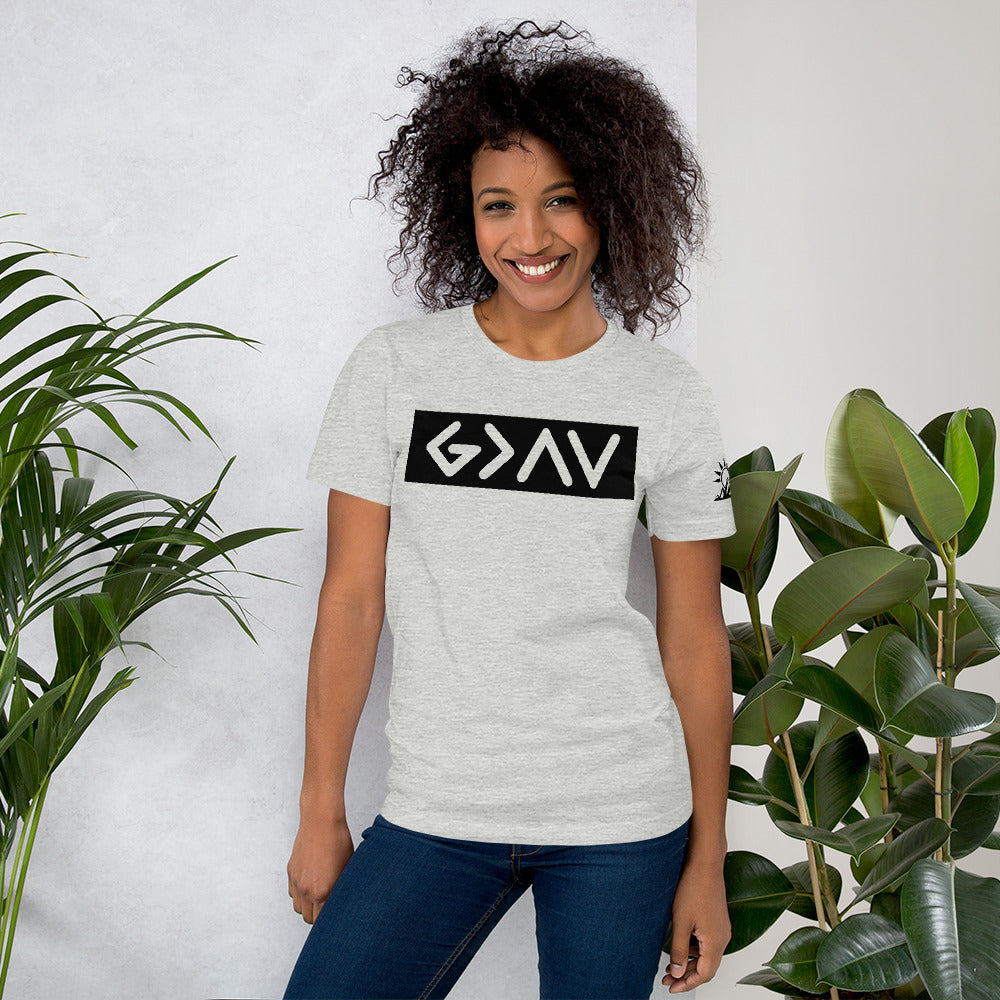"God is greater than the highs and lows" message on Bella Canvas tee