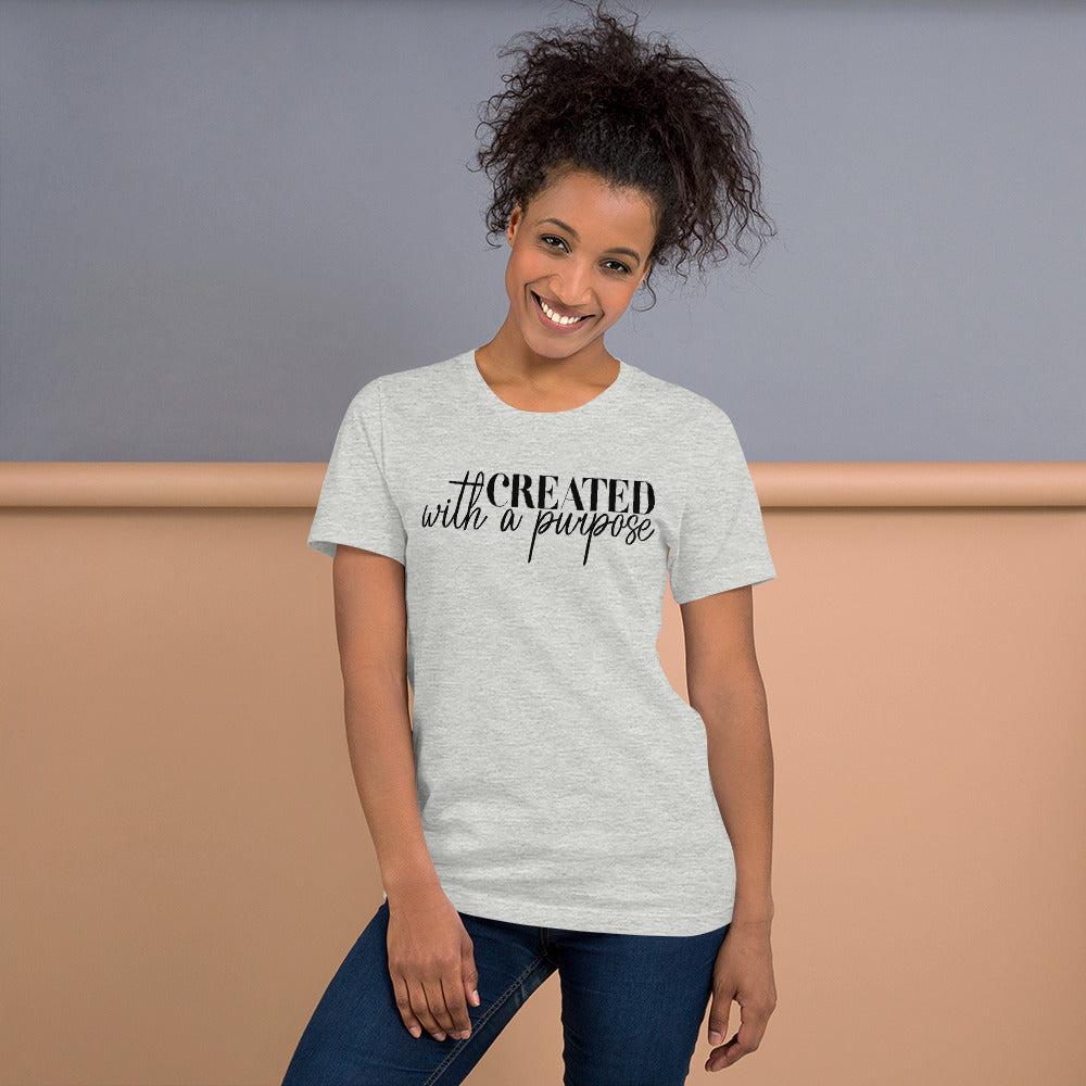 "Created With A Purpose" message on Bella Canvas tee