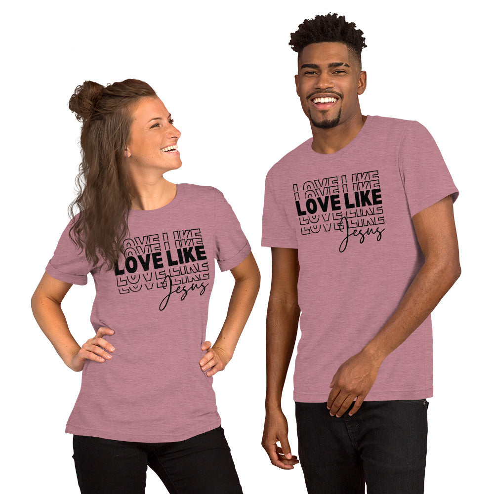 Soft and durable Bella Canvas 3001 t-shirt with "Love Like Jesus" design