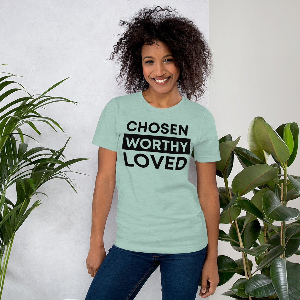 Soft and durable Bella Canvas 3001 t-shirt with "Chosen, Worthy, Loved" design